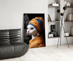 Pearl-drop cat cinematic glass wall art over modern dining sideboard