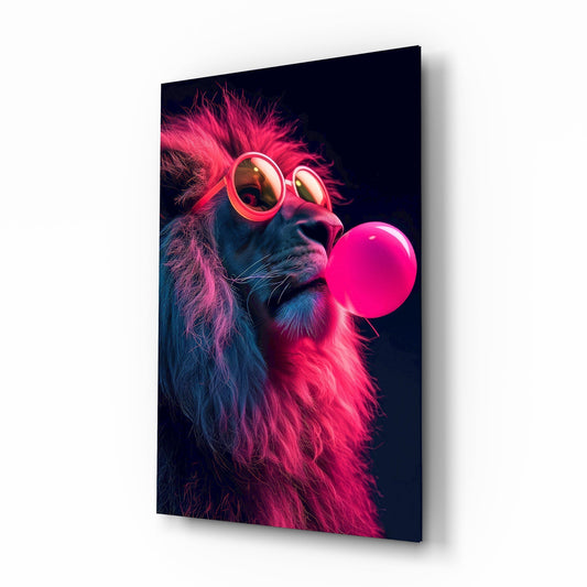 Neon bubblegum lion cinematic glass wall art over walnut console in designer fashion atelier