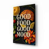 Good Food Good Mood flat lay cinematic glass wall art over walnut console in designer kitchen