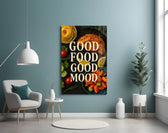Chicken-and-pasta cinematic glass wall art in chef's eat-in nook