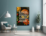 Chicken-and-pasta cinematic glass wall art in chef's eat-in nook