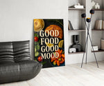 Bistro-cheer typography cinematic glass wall art over modern dining sideboard