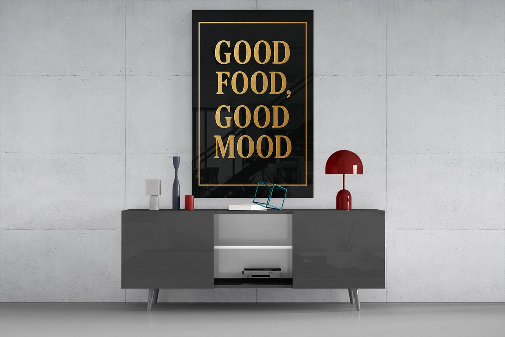 Matte-black gold cinematic glass wall art in light-filled atelier