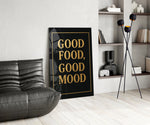 Gold-leaf foil cinematic glass wall art over modern dining sideboard