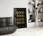 Gold-leaf foil cinematic glass wall art over modern dining sideboard