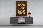 Farmhouse typography cinematic glass wall art in light-filled atelier