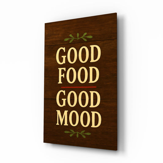 Good Food Good Mood walnut cinematic glass wall art over walnut console in designer kitchen