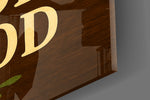 Walnut-wood typography cinematic glass wall art in coffeeshop boutique