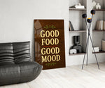 Cream serif walnut cinematic glass wall art over modern dining sideboard