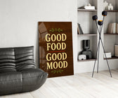 Cream serif walnut cinematic glass wall art over modern dining sideboard