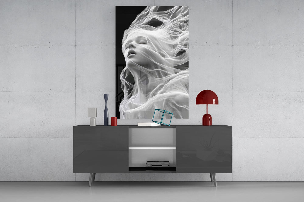 Soul-ascending cinematic glass wall art in light-filled atelier