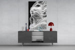 Soul-ascending cinematic glass wall art in light-filled atelier