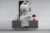 Soul-ascending cinematic glass wall art in light-filled atelier