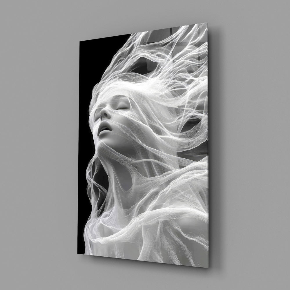 Symbolist ethereal cinematic glass wall art in feminine-luxe boudoir