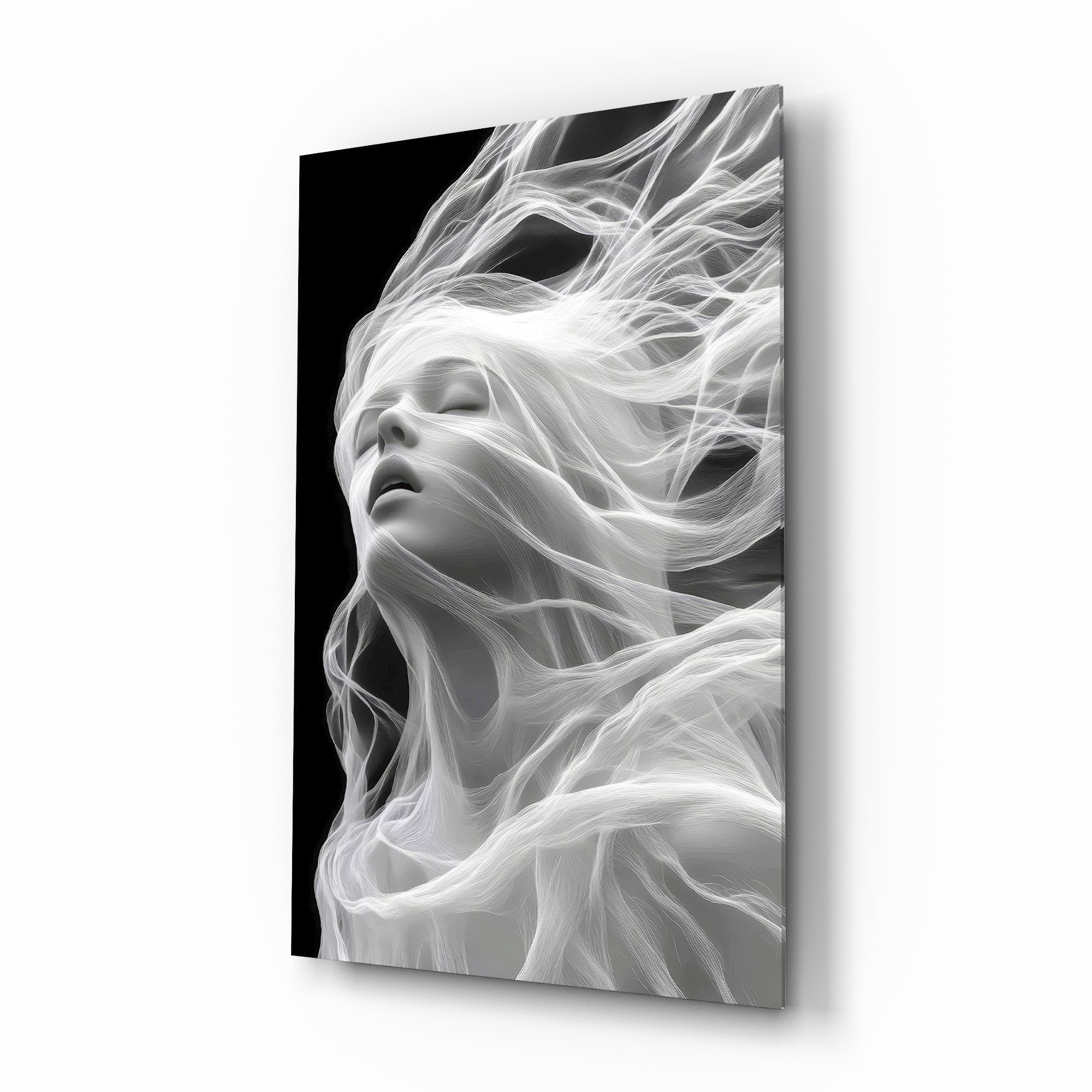 Smoke strands muse cinematic glass wall art over walnut console in designer wellness clinic