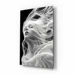 Smoke strands muse cinematic glass wall art over walnut console in designer wellness clinic