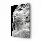 Smoke strands muse cinematic glass wall art over walnut console in designer wellness clinic