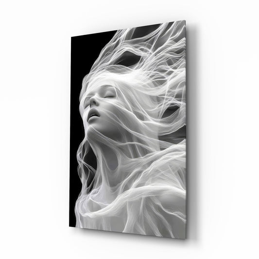 Smoke strands muse cinematic glass wall art over walnut console in designer wellness clinic