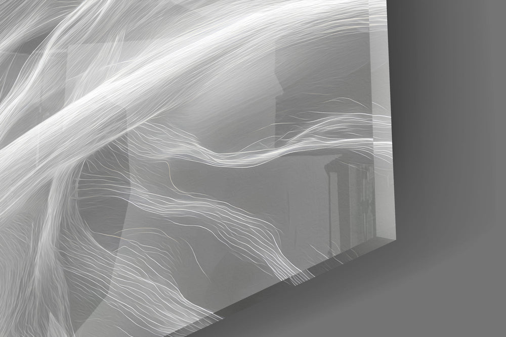 Smoke-strand hair cinematic glass wall art in meditation studio