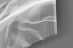 Smoke-strand hair cinematic glass wall art in meditation studio
