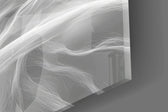 Smoke-strand hair cinematic glass wall art in meditation studio