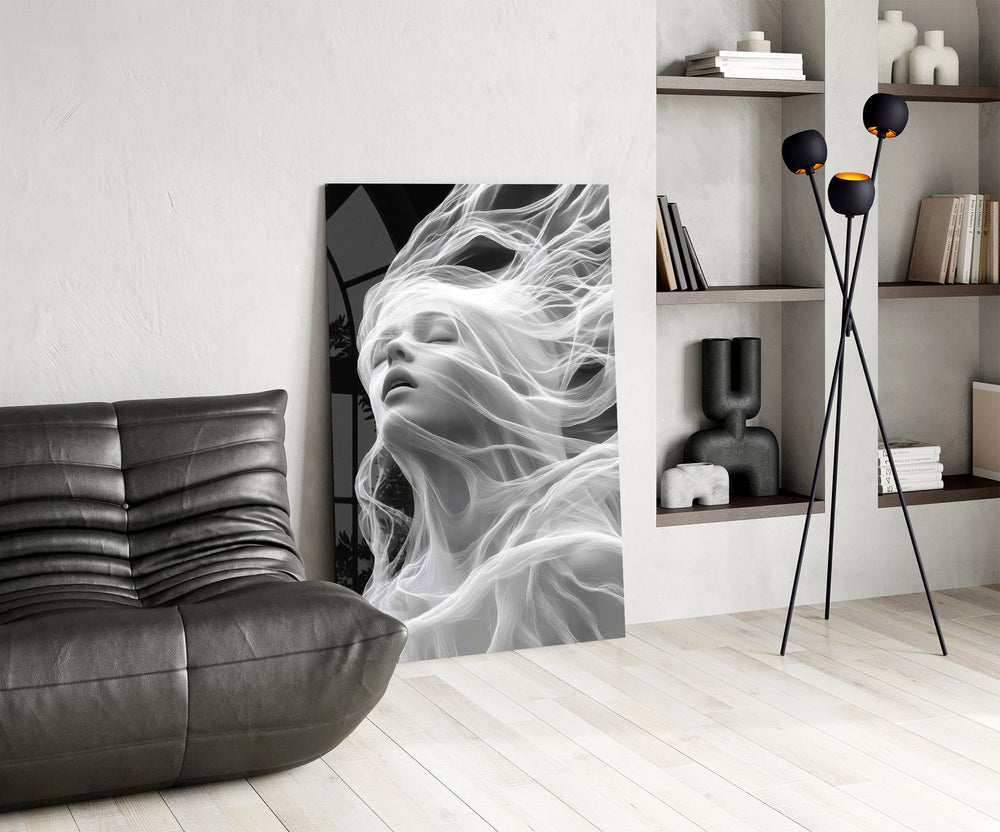 Wispy hair muse cinematic glass wall art over modern dining sideboard