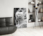 Wispy hair muse cinematic glass wall art over modern dining sideboard