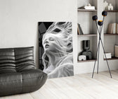 Wispy hair muse cinematic glass wall art over modern dining sideboard