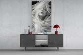 Bridal-shower cinematic glass wall art in light-filled atelier