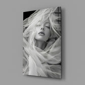Symbolist ethereal cinematic glass wall art in feminine-luxe boudoir