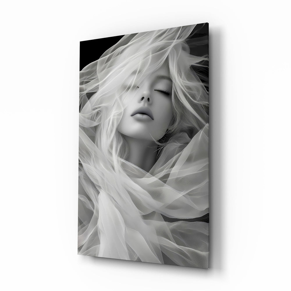 Tulle veil bridal muse cinematic glass wall art over walnut console in designer wedding venue suite