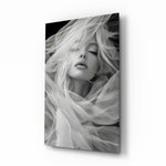Tulle veil bridal muse cinematic glass wall art over walnut console in designer wedding venue suite
