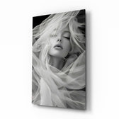 Tulle veil bridal muse cinematic glass wall art over walnut console in designer wedding venue suite