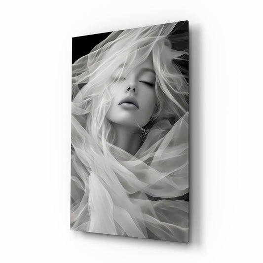 Tulle veil bridal muse cinematic glass wall art over walnut console in designer wedding venue suite