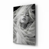 Tulle veil bridal muse cinematic glass wall art over walnut console in designer wedding venue suite