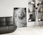 Platinum-hair muse cinematic glass wall art over modern dining sideboard