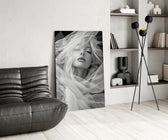 Platinum-hair muse cinematic glass wall art over modern dining sideboard