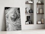 Veiled-portrait cinematic glass wall art in private library reading nook
