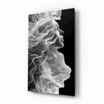 Smoke profile muse cinematic glass wall art over walnut console in designer wellness clinic