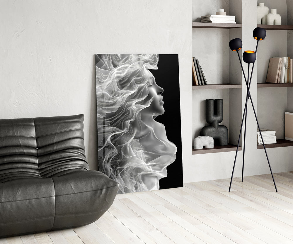 Smoke-ribbon hair cinematic glass wall art over modern dining sideboard