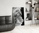 Smoke-ribbon hair cinematic glass wall art over modern dining sideboard