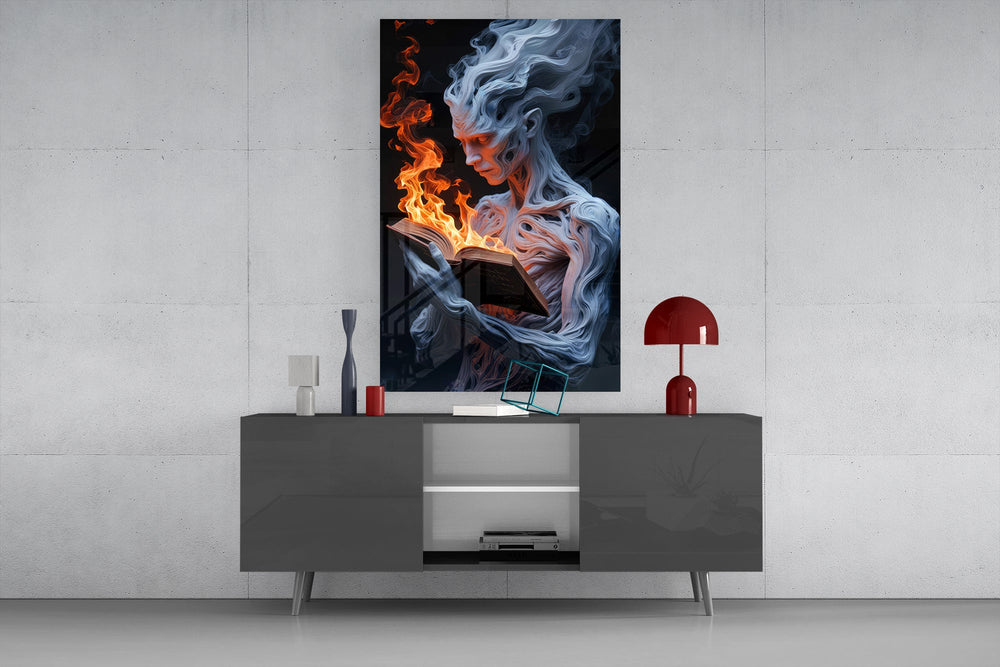 Occult poetry cinematic glass wall art in boutique-hotel lounge