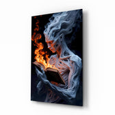 Smoke reader flame book cinematic glass wall art over walnut console in designer entertainment den