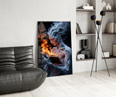 Smoke-and-fire cinematic glass wall art over modern dining sideboard