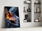 Dark fantasy oil cinematic glass wall art in masculine-luxe study