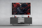 Crimson carnation cinematic glass wall art in light-filled atelier