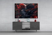 Crimson carnation cinematic glass wall art in light-filled atelier