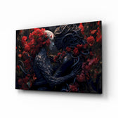 Dark merrow lovers cinematic glass wall art over walnut console in designer entertainment den