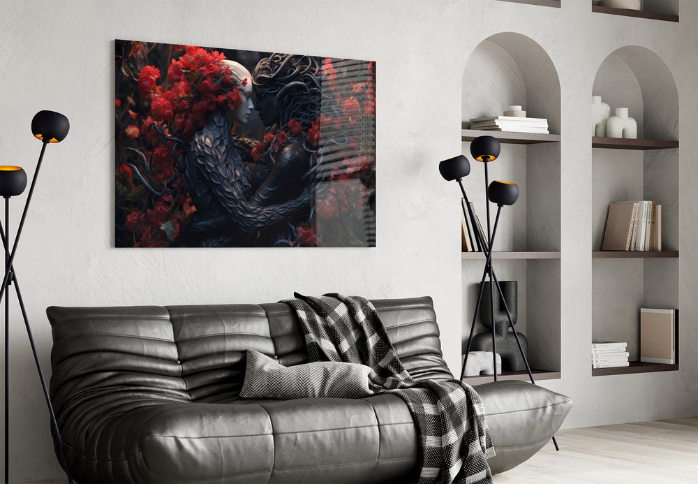 Beauty-and-Beast cinematic glass wall art in couples' suite