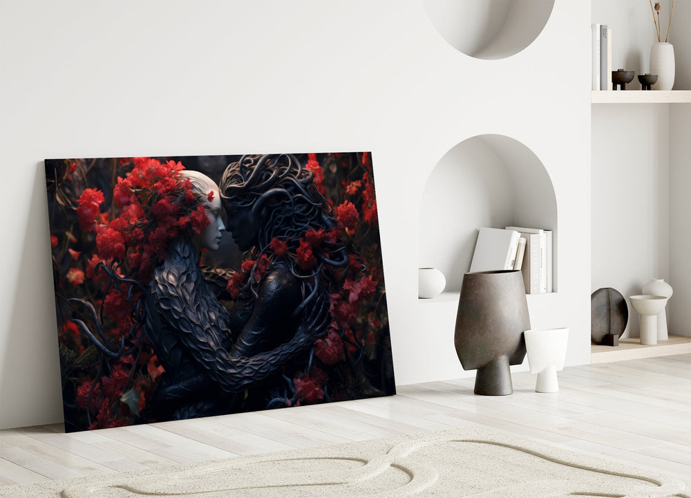 Brian-Froud style cinematic glass wall art in heritage stairwell